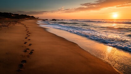 Obraz premium Footprints on a sandy beach during a vibrant sunset