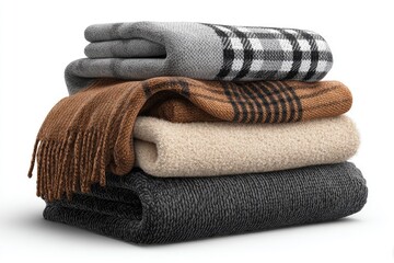 A stack of folded blankets and scarves in various colors and patterns.  Different textures of wool and fleece fabrics are visible.  Soft, cozy, and warm.  Isolated on white background