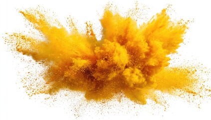 Bright yellow powder explosion against white background (1)