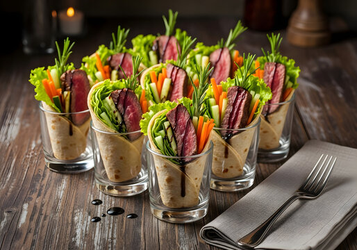 Elegant beef and vegetable wraps presented beautifully in glasses, a sophisticated appetizer perfect for catering and upscale events, offering a fresh and vibrant culinary experience that delights gue