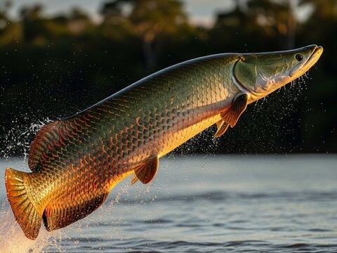 Arapaima Fish Jumping Out of Water at Sunset
