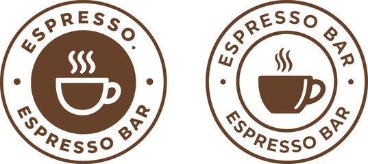 Espresso bar logo. Set of vector emblems with coffee cups. Hot drinks and coffee shop cafe badges.