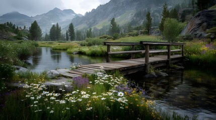 Small Wooden Bridge Crossing Calm River in Mountain Valley with Wildflowers &ndash; Scenic Nature Landscape