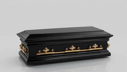 Elegant black glossy coffin with golden handles isolated on white background, funeral and memorial concept.