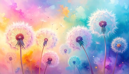 Abstract dandelion seeds dissolving into colorful gradients, dreamy nature abstraction