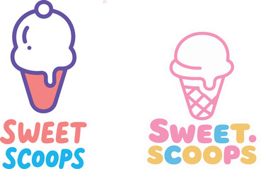 Sweet scoops ice cream shop logos. Set of vector emblems with melting ice cream cones. Fun and colorful dessert branding.