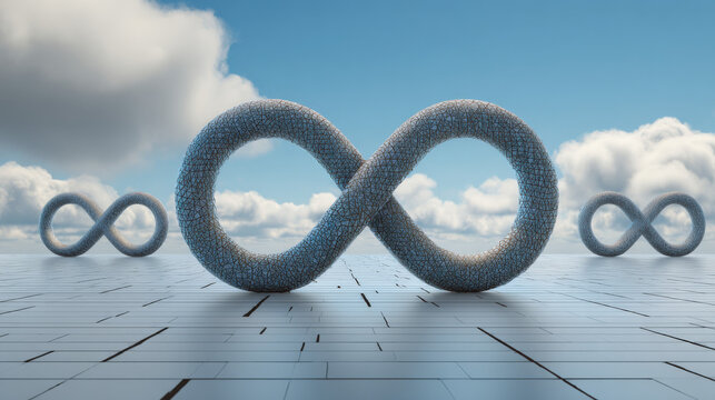 cybernetic lock shaped like infinity symbol over cloud computing matrix no text clean background illustration concept scene visual for commercial design use high detail quality stock image