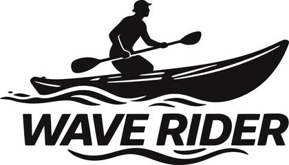 Wave rider logo. Vector emblem with a man paddling a kayak. Water sport, adventure and outdoor recreation branding.