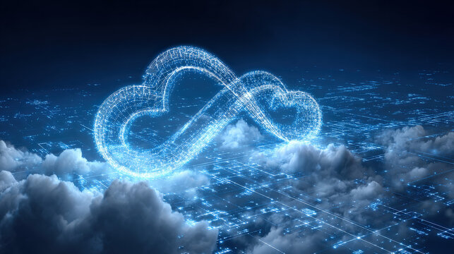 cybernetic lock shaped like infinity symbol over cloud computing matrix no text clean background illustration concept scene visual for commercial design use high detail quality stock image