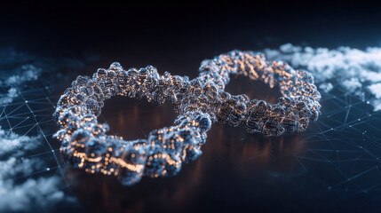 cybernetic lock shaped like infinity symbol over cloud computing matrix no text clean background illustration concept scene visual for commercial design use high detail quality stock image