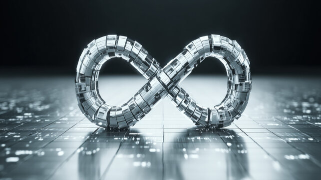 cybernetic lock shaped like infinity symbol over cloud computing matrix no text clean background illustration concept scene visual for commercial design use high detail quality stock image