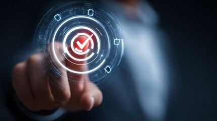 Hand touches digital target with checkmark for success and quality assurance
