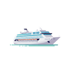 Fototapeta premium A large white cruise ship with blue accents sails on calm, light green water.