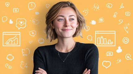 Digital marketer smiling with animated social media icons and analytics overlay