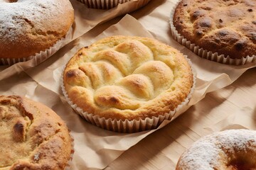 Golden-brown muffins with a braided top on parchment paper.