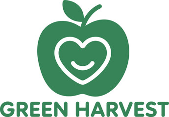 Green harvest logo. Vector emblem with a hand-drawn happy apple icon. Healthy food, organic products and diet branding.