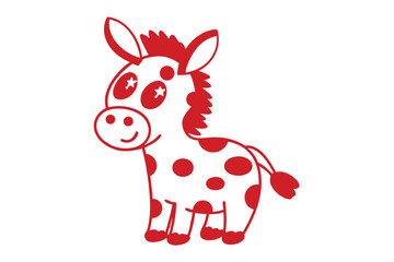 Cute Cartoon Donkey with Red Outline and Polka Dots on White Background