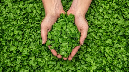 Hands Holding Fresh Green Leaves Surrounded by Abundant Greenery on Natural Background