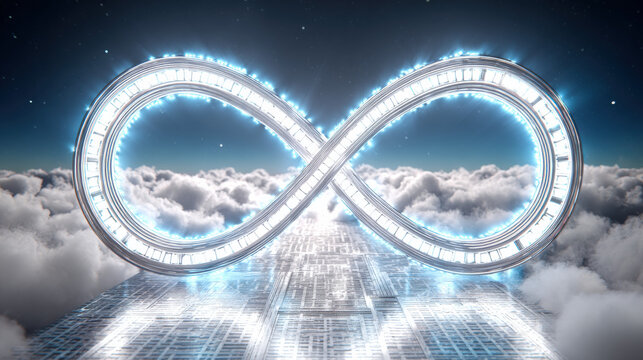 cybernetic lock shaped like infinity symbol over cloud computing matrix no text clean background illustration concept scene visual for commercial design use high detail quality stock image