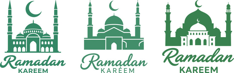 Ramadan Kareem logos. Set of vector emblems with a mosque and crescent moon. Islamic culture and religious holiday.