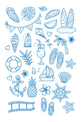 Nautical and beach line drawing with sailboats, flip flops, shells and seaside elements in a relaxed coastal pattern.