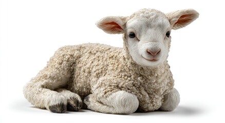 A small, light beige lamb lies down.  It's  cute and fluffy