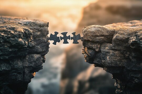 Bridge made of puzzle pieces connecting two cliff edges, teamwork and solution metaphor, photorealistic