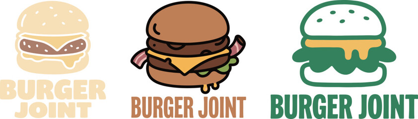 Collection of burger joint logos in various styles, showcasing different design concepts from simple to detailed illustrations