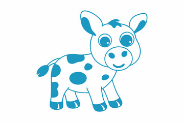 Blue Cartoon Cow Outline with Spots, Cute Farm Animal on White Background