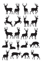 Collection of deer silhouettes in varied poses arranged in a grid, elegant wildlife shapes with antler detail and clean contrast.