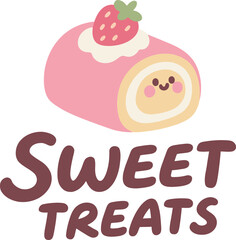 Sweet Treats logo featuring a cute strawberry Swiss roll with a smiling face, ideal for a dessert shop or bakery