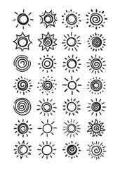 Grid of spiral and sun like symbols, varied radiating line patterns and circular motifs, abstract emblem set.