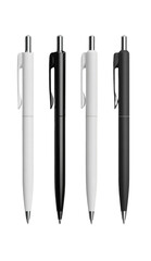Four stylized pens in black and white