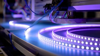 A long purple light strip is being manufactured