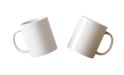 Two identical white mugs, angled slightly apart