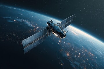 Fototapeta premium Sleek High-Tech Artificial Satellite Orbiting Earth Amid Twinkling Stars