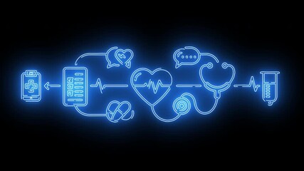 Digital neon heart network with healthcare connections, glowing blue medical icons and futuristic technology interface - Powered by Adobe