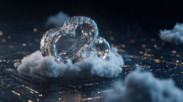 cybernetic lock shaped like infinity symbol over cloud computing matrix no text clean background illustration concept scene visual for commercial design use high detail quality stock image