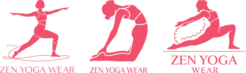 Set of Zen Yoga Wear logos featuring female figures in yoga poses, ideal for fitness or apparel brands