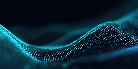 Abstract digital wave of glowing turquoise particles on a dark background