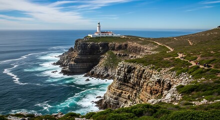 Historic Lighthouse on Rugged Coastal Cliffs Overlooking the Ocean.