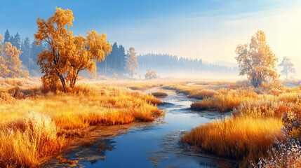 Peaceful autumn landscape with golden grass, bare trees, and calm river under soft morning mist and sunlight