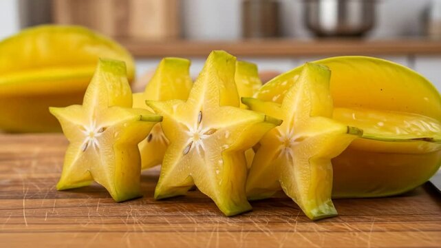 Bright yellow star fruits, some whole and some sliced into star shapes, arranged on a wooden cutting board in a kitchen setting.