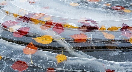 Frozen Autumn: Colorful Leaves Encased in Ice on Layered Rock Fo