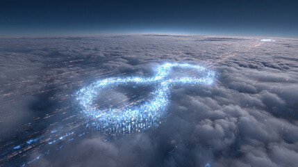 cybernetic lock shaped like infinity symbol over cloud computing matrix no text clean background illustration concept scene visual for commercial design use high detail quality stock image