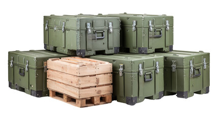 Green military storage boxes stacked with wooden crates on a pallet, perfect for logistics and transport concepts