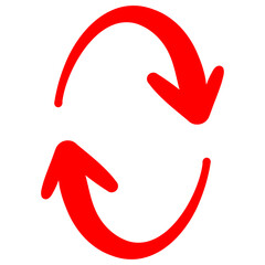 手描きのスムーズな赤いペンのくるくる矢印。回転。サイクル。再生。リピート。抑揚のあるダイナミックなシルエット。ベクター。背景透過。縦回転