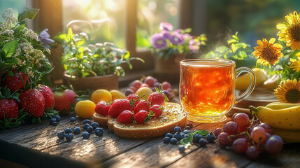 Naklejka premium Breakfast table with glass cup of tea toast with strawberry blueberry grape banana apricot and fresh flowers in sunlight creating cheerful and vibrant morning scene