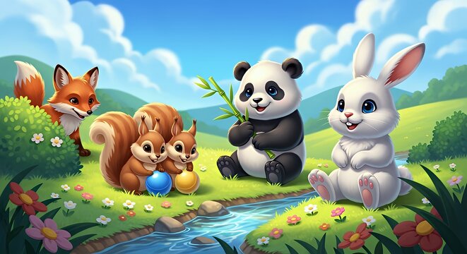 Cute Baby Animals in Nature Scene with Panda Bunny Squirrel and Water Stream