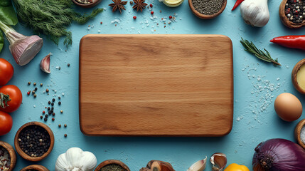 Overhead view of an empty chopping board in the middle of a modern kitchen and many ingredients around it on a blue table